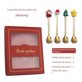 V stainless steel Christmas spoon gift set dessert spoon fork coffee spoon cartoon Christmas doll spoon fork set (colour: Lucky red box with 5)