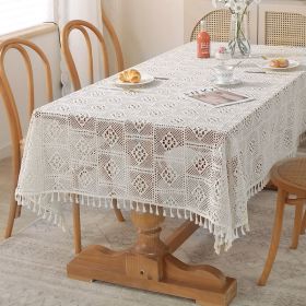 American style pastoral crochet table cloth woven hollowed out table cloth tassel cover table cloth beige hollowed out cloth table mat (colour: White - hollow cross grid, size: 140*160cm)