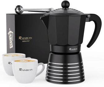 Espresso Maker 6 CUP Moka Pot, Steam Italian Stovetop Coffee Makers Percolator, Aluminum Ripple Ring Design, Easy To Use & Clean, 2 8oz Ceramics Cup 1 (Color: Black 6 CUP)