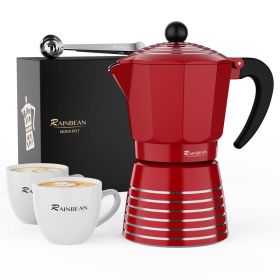 Espresso Maker 6 CUP Moka Pot, Steam Italian Stovetop Coffee Makers Percolator, Aluminum Ripple Ring Design, Easy To Use & Clean, 2 8oz Ceramics Cup 1 (Color: red 6 CUP)