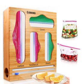 Ziplock Bag Organizer for Drawer; Bamboo Baggie Organizer; Plastic Wrap Dispenser with Cutter; Storage Bag Organizer Suitable Gallon; Quart; Sandwich& (model: 4 slot with cutter)