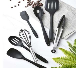 Non Stick Silicone Cooking Utensils Premium Heat Resistant 10 PCS Set (Color: Black)