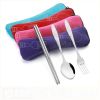 Portable 3 Pcs Stainless Steel Cutlery Set Flower Painting Fork Dinner Tableware Set Case Kit